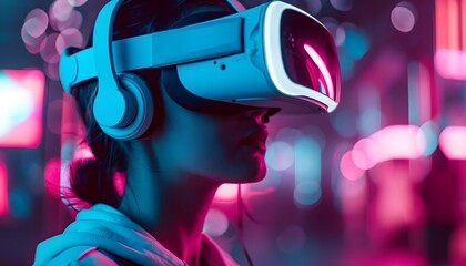 Young woman using glasses of virtual reality on colorful background. control using with VR headset, virtual reality, future technology concept.