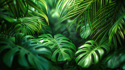 Lush Tropical Leaves Pattern, Natures Beauty in Green Foliage, Botanical Garden and Rainforest Theme
