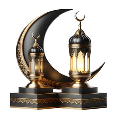 black golden Eid ramadan islamic minar moon on podium 3d design Illustration on transparent