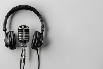 Headphones and microphone on a gray background. Flat lay, top view