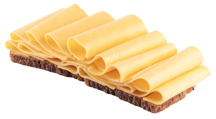 open sandwich two slices of wholemeal bread with several slices of cheese folded isolated on yellow background