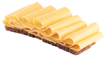 open sandwich two slices of wholemeal bread with several slices of cheese folded isolated on yellow background