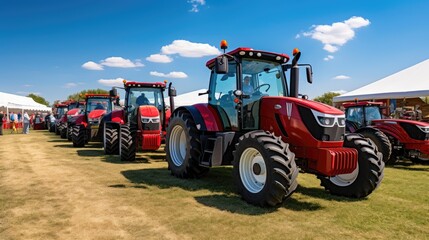 Many Different Tractors Standing in a Row at an Outdoor Agricultural Fair for Sale