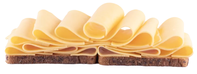 Foto op Canvas open sandwich two slices of wholemeal bread with several slices of cheese folded on a transparent background © mario