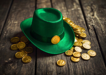 Happy St Patricks Day leprechaun hat with gold chocolate coins on vintage style green wood background, with retro vintage style filters - Powered by Adobe