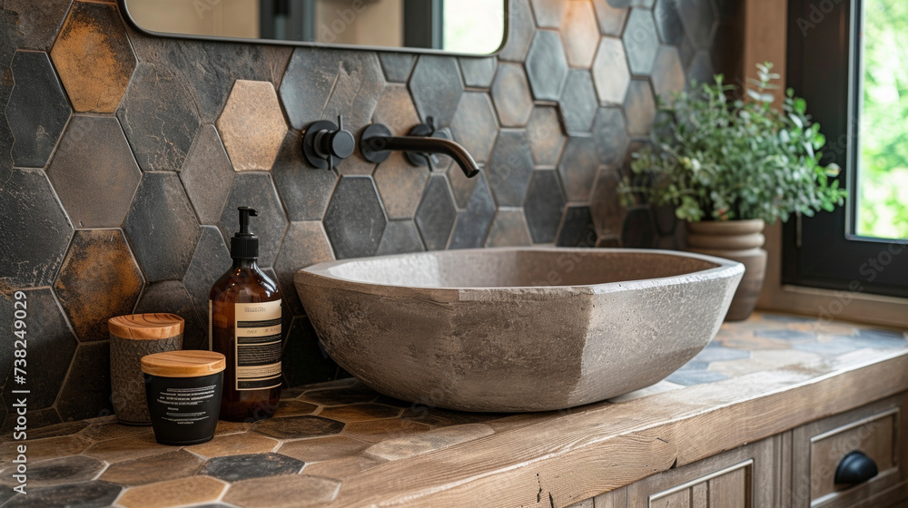 Poster in a bathroom renovation hexagonal tiles in various shades of gray and black are arranged in a geome