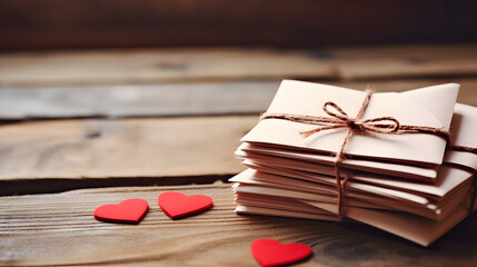 Envelopes and hearts on a wooden background. Valentines Day concept