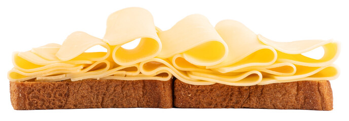 open sandwich two slices of wholemeal bread with several slices of mozzarella cheese folded on a transparent background in front