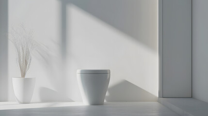 White toilet bowl standing in modern bathroom interior with white walls and concrete floor
