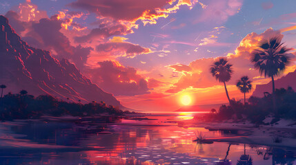 A painting of a tropical island with palm trees and the sun setting in the background,,
Tropical beach view Pro Photo

