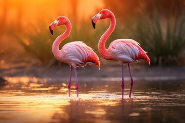 A group of flamingos in the water