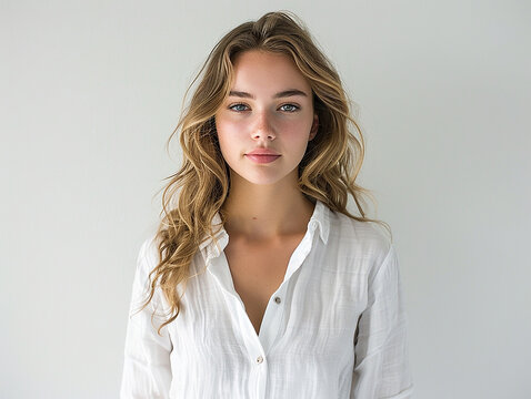 bellissima ragazza sui 20 anni con camicia bianca su sfondo bianco, sguardo dolce e penetrante, capelli biondi leggermente mossi e spettinati, viso struccato, la bellezza naturale di chi &egrave; giovane