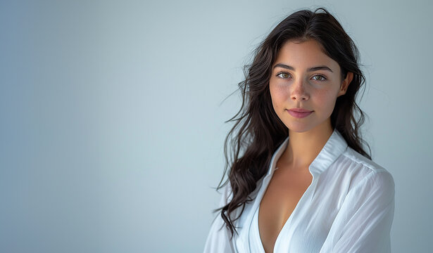 bellissima ragazza sui 20 anni con camicia bianca su sfondo bianco, sguardo dolce e penetrante, capelli castani leggermente mossi e spettinati, viso struccato, la bellezza naturale di chi &egrave; giovane
