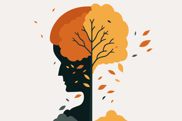 Dementia or Alzheimer's disease concept, head silhouette and autumn tree as senior brain, mental illness symbol. Falling old leaves as memory loss, thinking problem, cognitive impairment sign. - obrazy, fototapety, plakaty