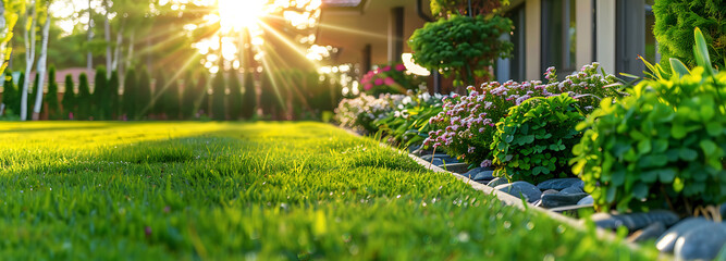 Perfect manicured lawn and flowerbed with shrubs in sunshine, on a backdrop of residential house backyard - obrazy, fototapety, plakaty