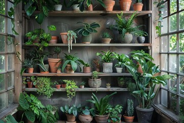Exotic indoor garden Collection of rare plants in decorative pots Meticulously arranged on shelves Showcasing biodiversity and interior design elegance