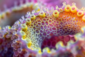 Abstract microbiology organic tissue. Microbiology closeup macro photography. Medical research, microbiology and science concept. Background for banner, flyer, advertising, social networks, news.