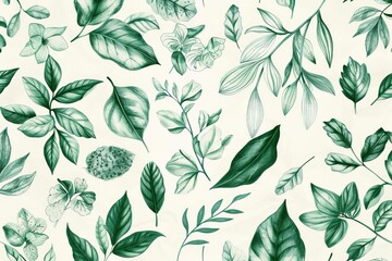 Green foliage pattern featuring a variety of leaves and botanical elements Delicately drawn by hand in pencil Offering a fresh Natural aesthetic