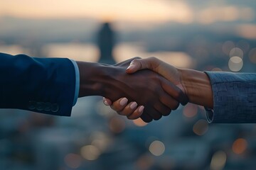 Handshake between two business professionals in a close-up view Symbolizing a successful agreement or partnership With a blurred cityscape in the background - obrazy, fototapety, plakaty