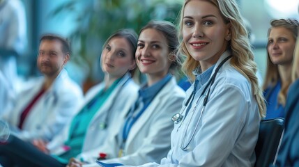 Fototapeta premium Female doctor as a speaker at a conference for healthcare workers, medical team sitting and listening to the speaker. Medical experts attending educational events, seminars in a meeting room