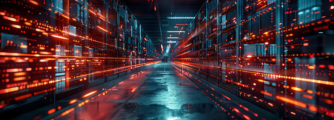 Futuristic Technology Retail Warehouse, Digitalization and Visualization of Industry Process that Analyzes Warframe texture banner background