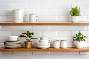 Fototapeta na wymiar Tiled background and shelves with dishes. Different tableware backdrop. Dishes in cupboard in kitchen. Kitchenware. Kitchen interior .