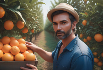 Gardener is picking oranges in the garden
