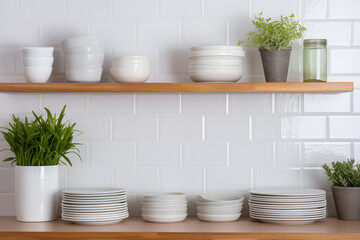 Fototapeta na wymiar Tiled background and shelves with dishes. Different tableware backdrop. Dishes in cupboard in kitchen. Kitchenware. Kitchen interior