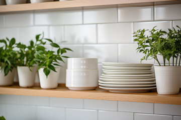 Tiled background and shelves with dishes. Different tableware backdrop. Dishes in cupboard in kitchen. Kitchenware. Kitchen interior.