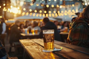 Evening Brew: Beer Glass at Outdoor Festivity - obrazy, fototapety, plakaty