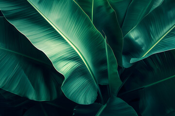 Abstract tropical banana leaves dark green full-frame background