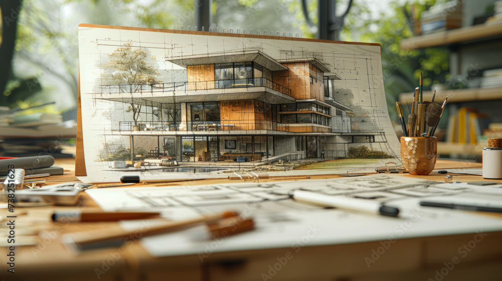 Poster an architect's desk with sketches and drawings of a residential building. various design elements an