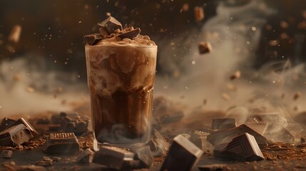 Explosive chocolate milkshake indulgence, frosty beverage meets sweet temptation, perfect for dessert ads. AI
