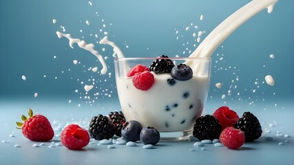 Featuring a splash of milk on a light blue background, the design features blueberries, raspberries, blackberries, and blueberries. Theme for advertisements for yogurt