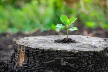 Young sapling growing from an old tree stump Representing renewal Growth And the cycle of life With a focus on environmental conservation