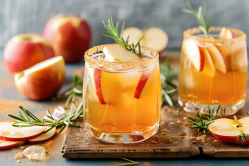 Apple cider cocktail with rosemary on wooden board.	
