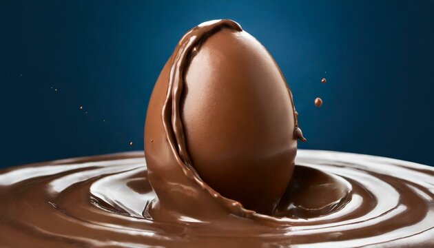 belo ovo de chocolate brilhante sobre ondas de chocolate derretido, conceito páscoa