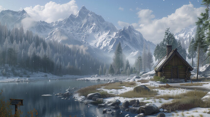 A cabin nestled in a snowy forest by a lake, with mountains in the background