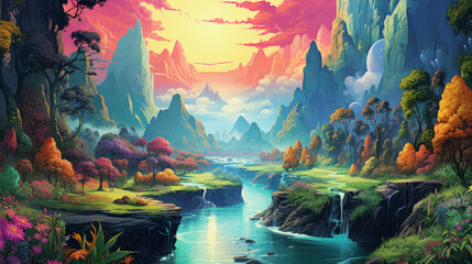 Obraz na płótnie Canvas Landscape of the river and mountains