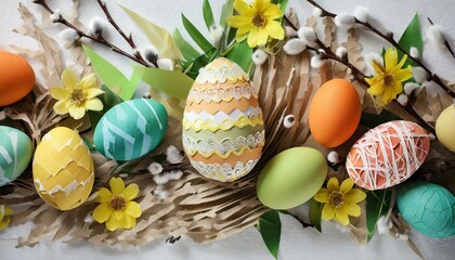 colourful coloured easter background, celebratory composition in farm style kitchen. Chocolate eggs...