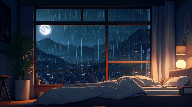 Tranquil Lofi bedroom with Rain Ambience for lofi Rain music video animation