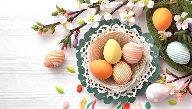 colourful coloured easter background, celebratory composition in farm style kitchen. Chocolate eggs and other decorations. copy space no people, textured background. Cute adorable