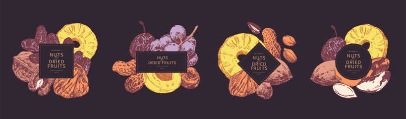 Assorted nuts and dried fruits arranged in groups. Hand drawn illustrations, frame  templates - 738253000