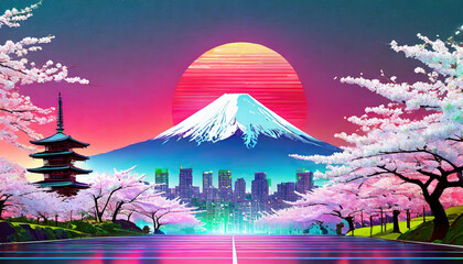 Synthwave 1980s travel blog illustration of japanese travel attractions. Rising sun as red circle...