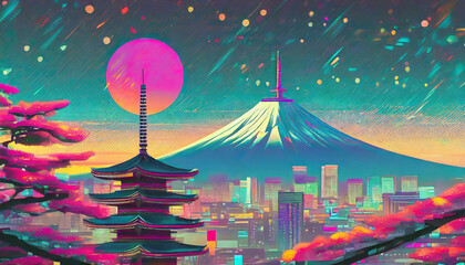 Synthwave 1980s travel blog illustration of japanese travel attractions. Rising sun as red circle flag. Mount Fuji background and Japan art style. Sakura, Pagoda foreground with cityscape in middle.
