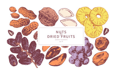 Nuts and dried fruits hand drawn illustrations. Background design template - 738253031