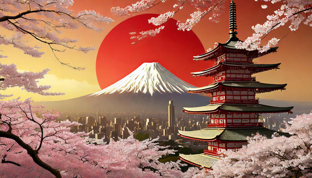 illustration of japanese travel attractions. Rising sun as red circle depicting flag. Mount Fuji background and Japan art style. minimalist wallpaper texture in layered paper style for travel, holiday