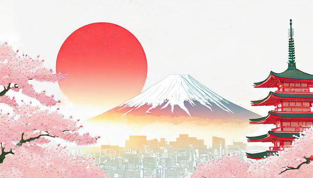 illustration of japanese travel attractions. Rising sun as red circle depicting flag. Mount Fuji background and Japan art style. minimalist wallpaper texture in layered paper style for travel, holiday