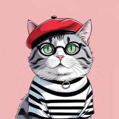 Funny grey cat's portrait in a red beret, black-rimmed glasses and a white and black striped t-shirt on pale pink background.