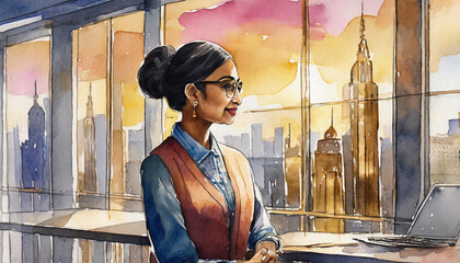 Watercolor painting illustration of happy office life: Portrait headshot of smiling business person smartly dressed in a suit with modern office backdrop, middle aged woman